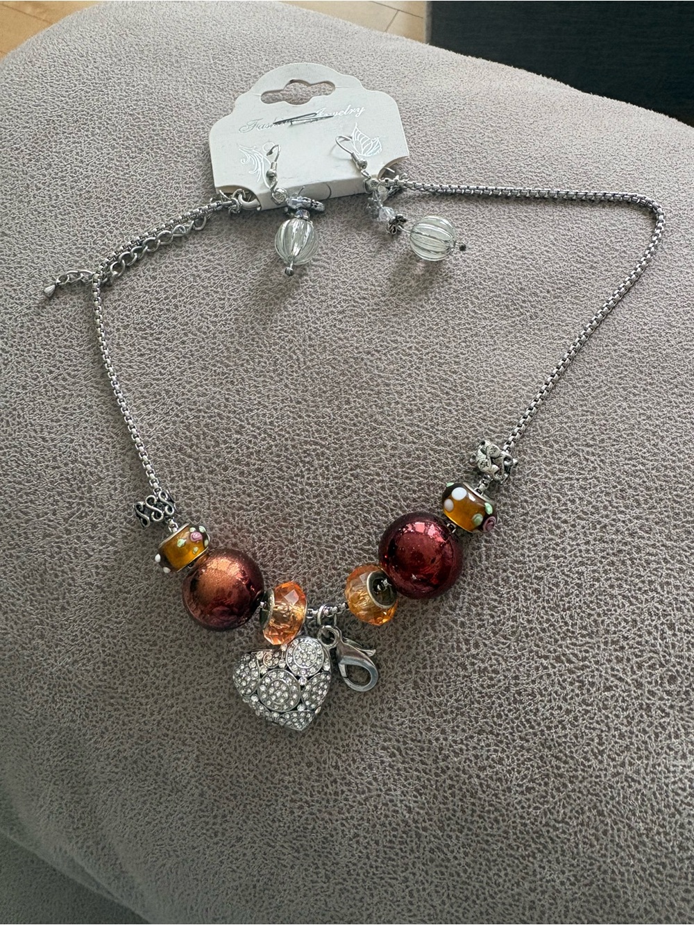 Glass Bead Heart Charm Necklace in Red and Orange - Women Jewelry